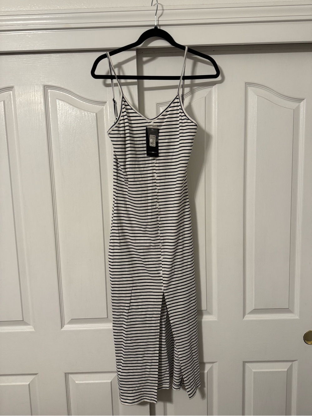 Fashion Nova White and Black Striped Midi Slip Dress with Front Slit